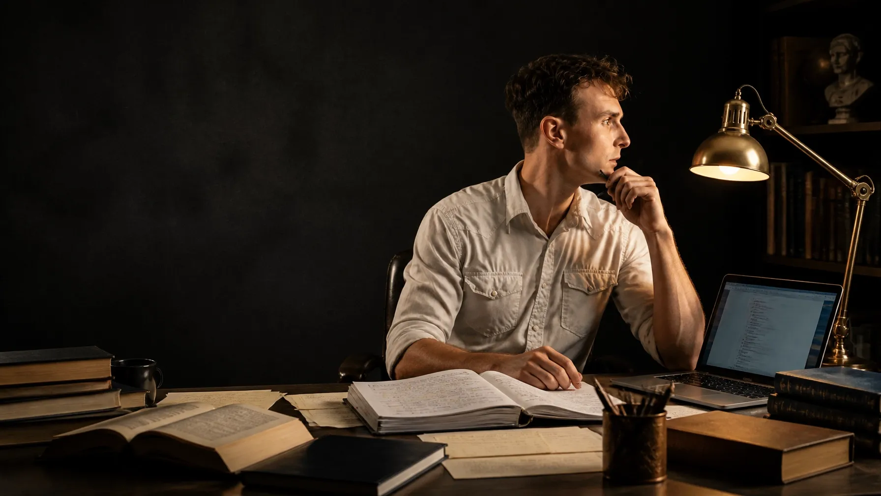 A student at a desk late at night with books, notes and a laptop